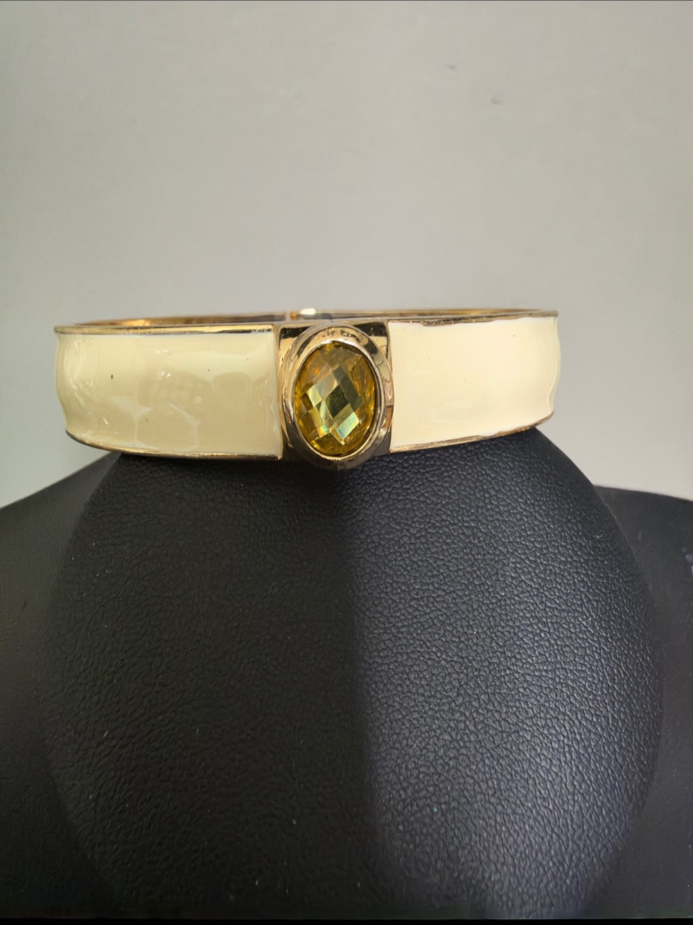 Cream Enamel Gold-Tone Clamper Bangle Bracelet with Yellow Gemstone